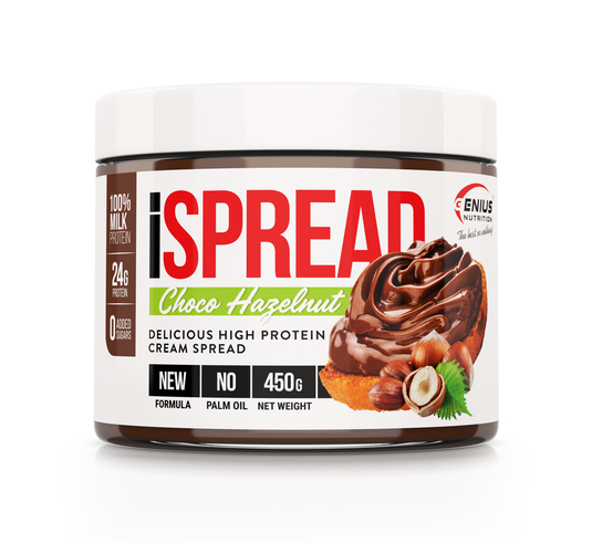 iSPREAD 450g Genius Nutrition Ciocolata cu alune de padure - Crema delicioasa de cacao si alune de padure, imbogatita cu proteine din lapte natural, fara zahar adaugat si fara ulei de palmier.