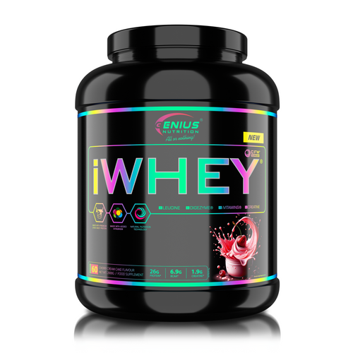 iWHEY 2000g 60serv Genius Nutrition - Supliment proteic concentrat din zer, imbogatit cu enzime digestive, vitamine, minerale si creatina monohidrat, conceput pentru a sprijini recuperarea si dezvoltarea masei musculare, cu aroma de crema de cirese.