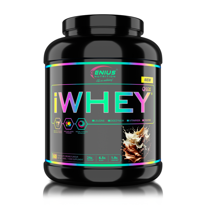 Incarca imaginea in galerie, iWHEY 2000g 60serv Genius Nutrition - Supliment proteic concentrat din zer, imbogatit cu enzime digestive, vitamine, minerale si creatina monohidrat, conceput pentru a sprijini recuperarea si dezvoltarea masei musculare, cu aroma de ciocolata.
