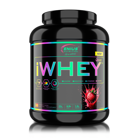 iWHEY 2000g 60serv Genius Nutrition - Supliment proteic concentrat din zer, imbogatit cu enzime digestive, vitamine, minerale si creatina monohidrat, conceput pentru a sprijini recuperarea si dezvoltarea masei musculare, cu aroma de capsuni.
