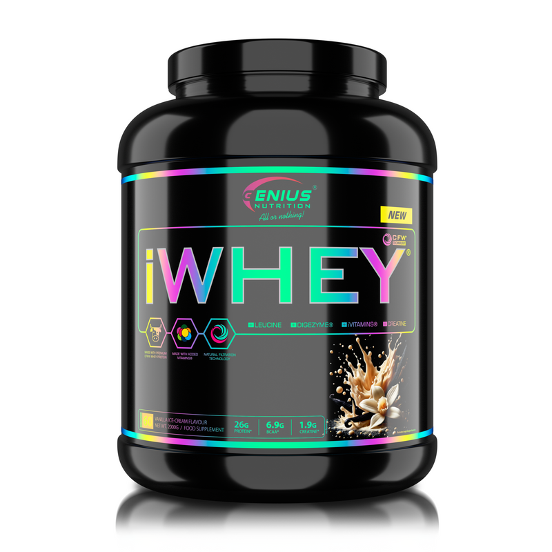 Incarca imaginea in galerie, iWHEY 2000g 60serv Genius Nutrition - Supliment proteic concentrat din zer, imbogatit cu enzime digestive, vitamine, minerale si creatina monohidrat, conceput pentru a sprijini recuperarea si dezvoltarea masei musculare, cu aroma de inghetata de vanilie.
