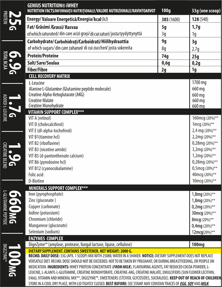 Incarca imaginea in galerie, iWHEY 2000g 61serv Genius Nutrition - Supliment proteic concentrat din zer cu enzime digestive, vitamine, minerale si creatina monohidrat destinat cresterii nivelului de ATP ideal pentru sustinerea recuperarii si cresterea masei musculare
