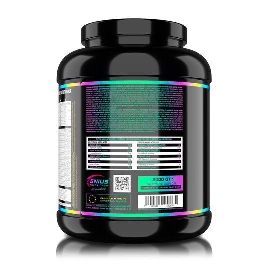 iWHEY 2000g 61serv Genius Nutrition - Supliment proteic concentrat din zer cu enzime digestive, vitamine, minerale si creatina monohidrat destinat cresterii nivelului de ATP ideal pentru sustinerea recuperarii si cresterea masei musculare cu aroma de biscuiti cu crema