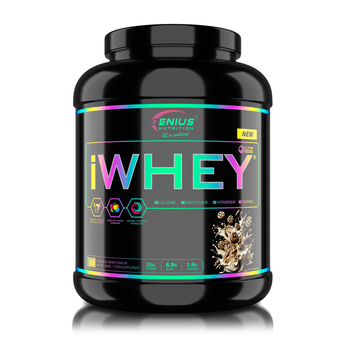 iWHEY 2000g 61serv Genius Nutrition - Supliment proteic concentrat din zer cu enzime digestive, vitamine, minerale si creatina monohidrat destinat cresterii nivelului de ATP ideal pentru sustinerea recuperarii si cresterea masei musculare cu aroma de biscuiti cu crema