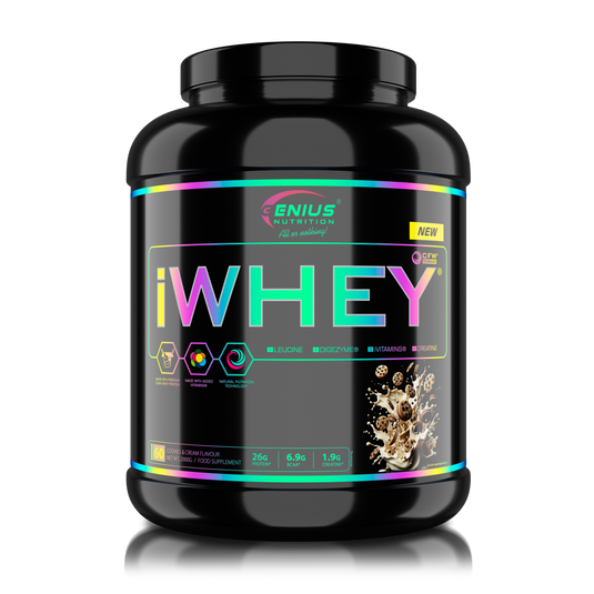 iWHEY 2000g 61serv Genius Nutrition - Supliment proteic concentrat din zer cu enzime digestive, vitamine, minerale si creatina monohidrat destinat cresterii nivelului de ATP ideal pentru sustinerea recuperarii si cresterea masei musculare cu aroma de biscuiti cu crema