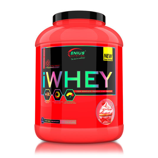 iWHEY 2000g 61serv Genius Nutrition - Supliment proteic concentrat din zer cu enzime digestive, vitamine, minerale si creatina monohidrat destinat cresterii nivelului de ATP ideal pentru sustinerea recuperarii si cresterea masei musculare cu aroma de cherry cream