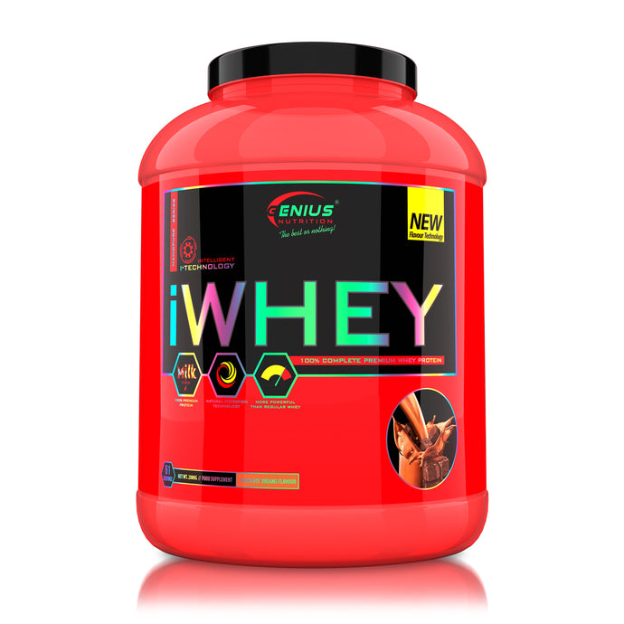 iWHEY 2000g 61serv Genius Nutrition - Supliment proteic concentrat din zer cu enzime digestive, vitamine, minerale si creatina monohidrat destinat cresterii nivelului de ATP ideal pentru sustinerea recuperarii si cresterea masei musculare cu aroma de chocolate