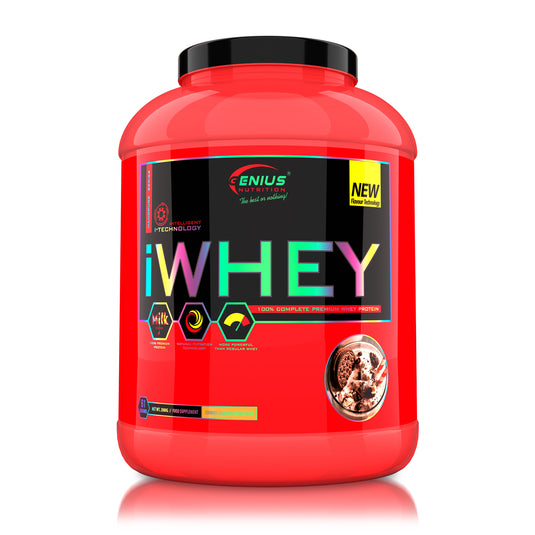 iWHEY 2000g 61serv Genius Nutrition - Supliment proteic concentrat din zer cu enzime digestive, vitamine, minerale si creatina monohidrat destinat cresterii nivelului de ATP ideal pentru sustinerea recuperarii si cresterea masei musculare cu aroma de cookies and cream