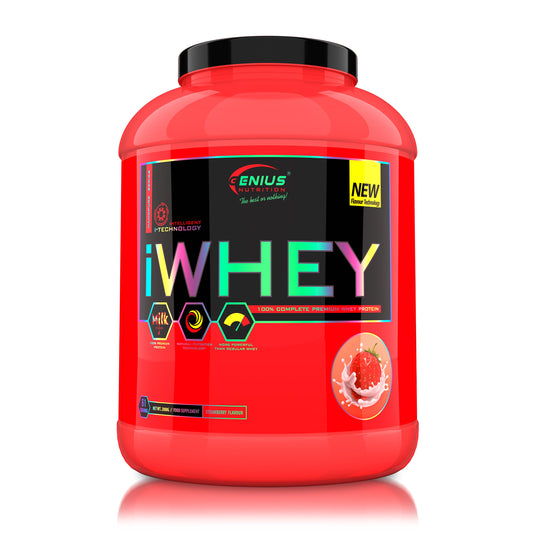 iWHEY 2000g 61serv Genius Nutrition - Supliment proteic concentrat din zer cu enzime digestive, vitamine, minerale si creatina monohidrat destinat cresterii nivelului de ATP ideal pentru sustinerea recuperarii si cresterea masei musculare cu aroma de strawberry