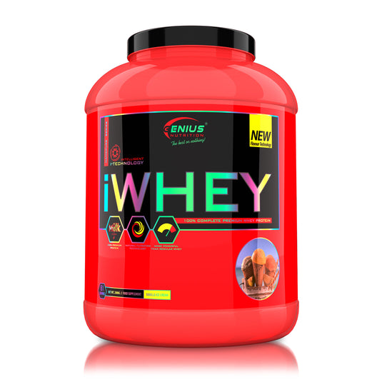 iWHEY 2000g 61serv Genius Nutrition - Supliment proteic concentrat din zer cu enzime digestive, vitamine, minerale si creatina monohidrat destinat cresterii nivelului de ATP ideal pentru sustinerea recuperarii si cresterea masei musculare cu aroma de vanilla ice cream