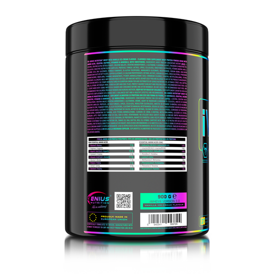 iWHEY 900g 27serv Genius Nutrition - Supliment proteic concentrat din zer, imbogatit cu enzime digestive, vitamine, minerale si creatina monohidrat, conceput pentru a sprijini recuperarea si dezvoltarea masei musculare, cu aroma de inghetata de vanilie.