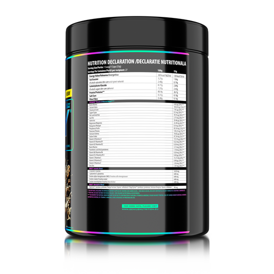 iWHEY 900g 27serv Genius Nutrition - Supliment proteic concentrat din zer, imbogatit cu enzime digestive, vitamine, minerale si creatina monohidrat, conceput pentru a sprijini recuperarea si dezvoltarea masei musculare, cu aroma de biscuiti cu crema.