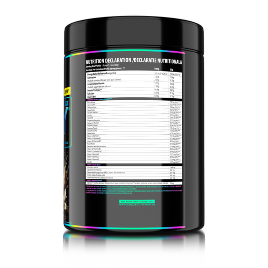 iWHEY 900g 27serv Genius Nutrition - Supliment proteic concentrat din zer, imbogatit cu enzime digestive, vitamine, minerale si creatina monohidrat, conceput pentru a sprijini recuperarea si dezvoltarea masei musculare, cu aroma de inghetata de vanilie.