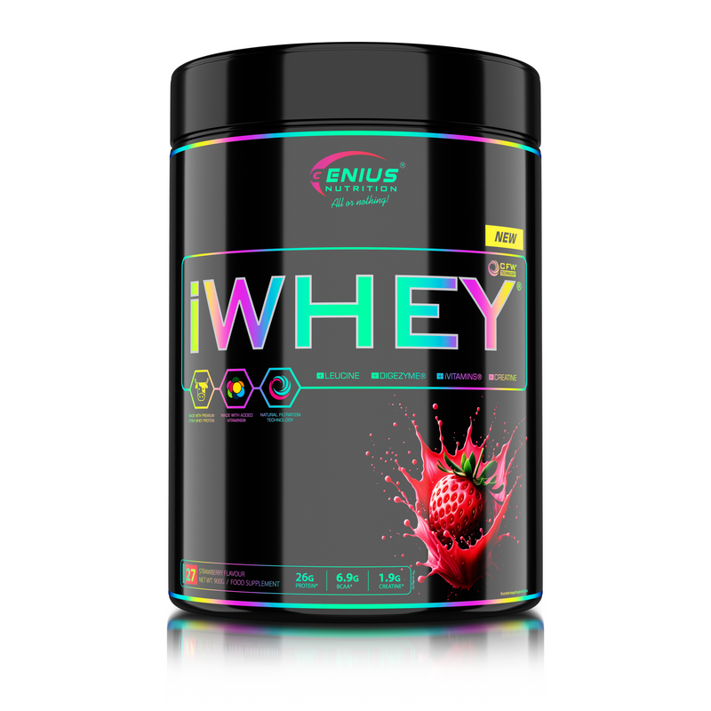 Incarca imaginea in galerie, iWHEY 900g 27serv Genius Nutrition - Supliment proteic concentrat din zer cu enzime digestive, vitamine, minerale si creatina monohidrat destinat cresterii nivelului de ATP ideal pentru sustinerea recuperarii si cresterea masei musculare cu aroma de capsuni.
