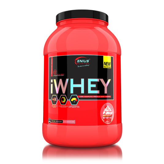 iWHEY 900g 27serv Genius Nutrition - Supliment proteic concentrat din zer cu enzime digestive, vitamine, minerale si creatina monohidrat destinat cresterii nivelului de ATP ideal pentru sustinerea recuperarii si cresterea masei musculare cu aroma de cherry cream