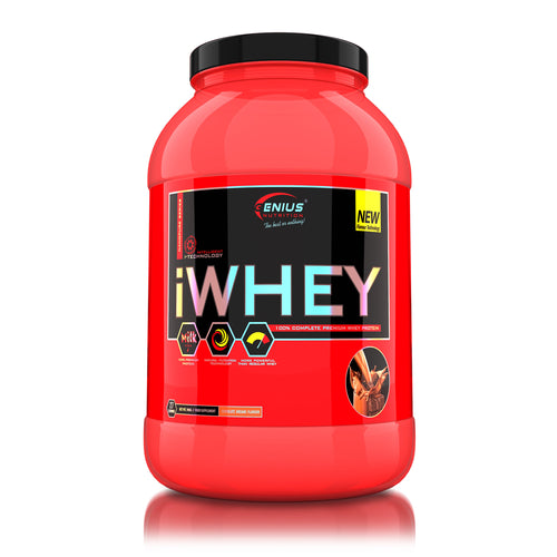 iWHEY 900g 27serv Genius Nutrition - Supliment proteic concentrat din zer cu enzime digestive, vitamine, minerale si creatina monohidrat destinat cresterii nivelului de ATP ideal pentru sustinerea recuperarii si cresterea masei musculare cu aroma de chocolate