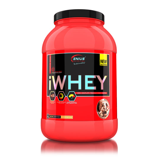 iWHEY 900g 27serv Genius Nutrition - Supliment proteic concentrat din zer cu enzime digestive, vitamine, minerale si creatina monohidrat destinat cresterii nivelului de ATP ideal pentru sustinerea recuperarii si cresterea masei musculare cu aroma de cookies and cream