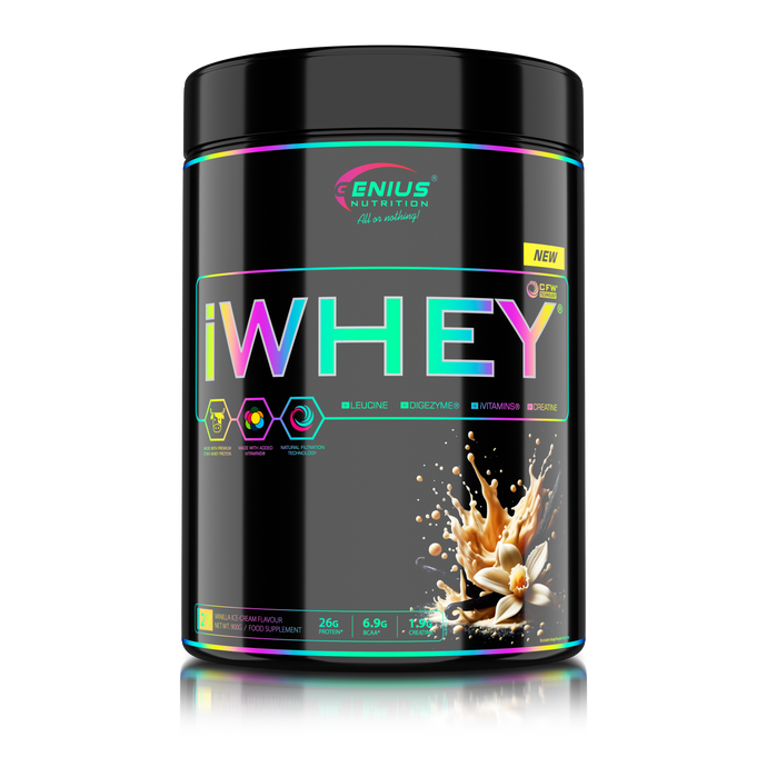 iWHEY 900g 27serv Genius Nutrition - Supliment proteic concentrat din zer cu enzime digestive, vitamine, minerale si creatina monohidrat destinat cresterii nivelului de ATP ideal pentru sustinerea recuperarii si cresterea masei musculare cu aroma de inghetata de vanilie