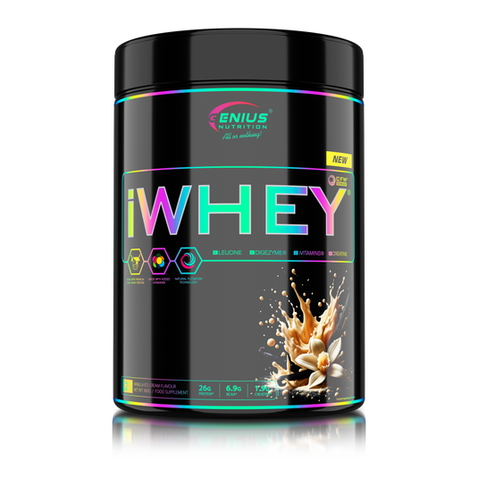 iWHEY 900g 27serv Genius Nutrition - Supliment proteic concentrat din zer cu enzime digestive, vitamine, minerale si creatina monohidrat destinat cresterii nivelului de ATP ideal pentru sustinerea recuperarii si cresterea masei musculare cu aroma de inghetata de vanilie