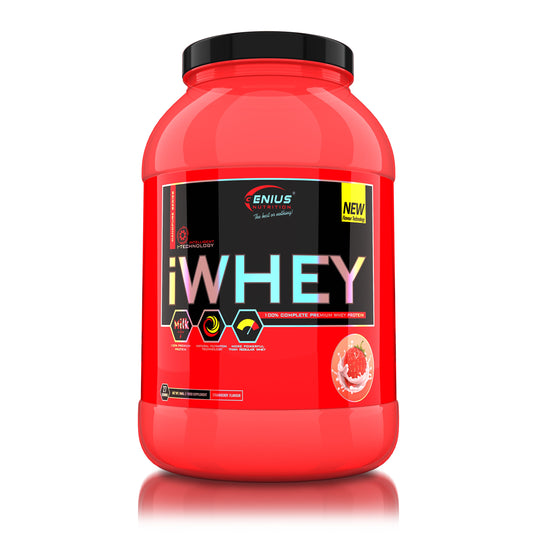 iWHEY 900g 27serv Genius Nutrition - Supliment proteic concentrat din zer cu enzime digestive, vitamine, minerale si creatina monohidrat destinat cresterii nivelului de ATP ideal pentru sustinerea recuperarii si cresterea masei musculare cu aroma de strawberry