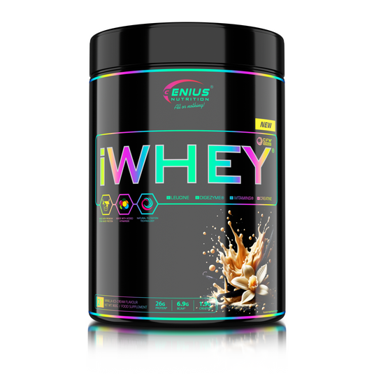 iWHEY 900g 27serv Genius Nutrition - Supliment proteic concentrat din zer, imbogatit cu enzime digestive, vitamine, minerale si creatina monohidrat, conceput pentru a sprijini recuperarea si dezvoltarea masei musculare, cu aroma de inghetata de vanilie.