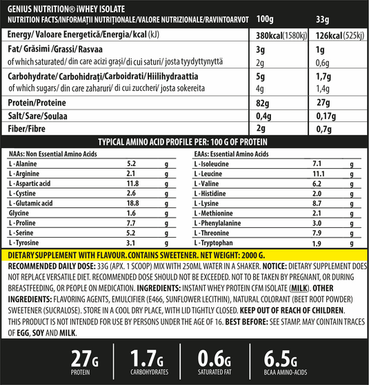 iWHEY ISOLATE 2000g 61 serv Genius Nutrition – Supliment proteic din zer cu absortie rapida fara zahar adaugat pentru recuperare si cresterea masei musculare fara tesut adipos obinut prin filtrare naturala