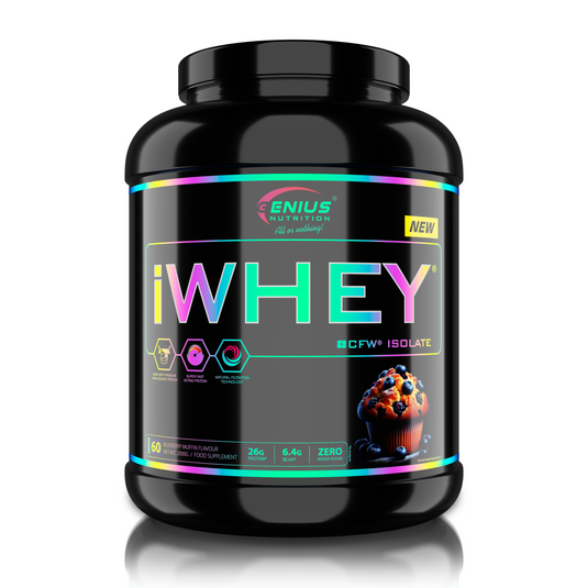 iWHEY ISOLATE 2000g 61 serv Genius Nutrition – Supliment proteic din zer cu absortie rapida fara zahar adaugat pentru recuperare si cresterea masei musculare fara tesut adipos obinut prin filtrare naturala cu aroma de blueberry muffin