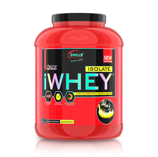 iWHEY ISOLATE 2000g 61 serv Genius Nutrition – Supliment proteic din zer cu absortie rapida fara zahar adaugat pentru recuperare si cresterea masei musculare fara tesut adipos obinut prin filtrare naturala cu aroma de fresh banana