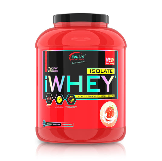 iWHEY ISOLATE 2000g 61 serv Genius Nutrition – Supliment proteic din zer cu absortie rapida fara zahar adaugat pentru recuperare si cresterea masei musculare fara tesut adipos obinut prin filtrare naturala cu aroma de strawberry