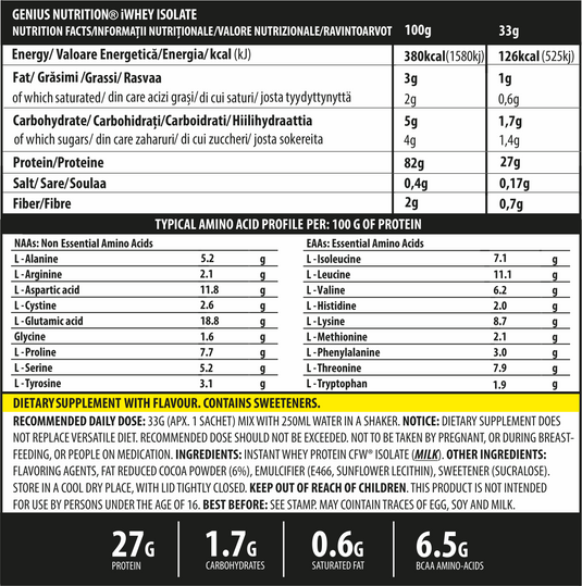 iWHEY ISOLATE 33g 1serv Genius Nutrition - Supliment proteic din zer cu absortie rapida fara zahar adaugat pentru recuperare si cresterea masei musculare fara tesut adipos obinut prin filtrare naturala