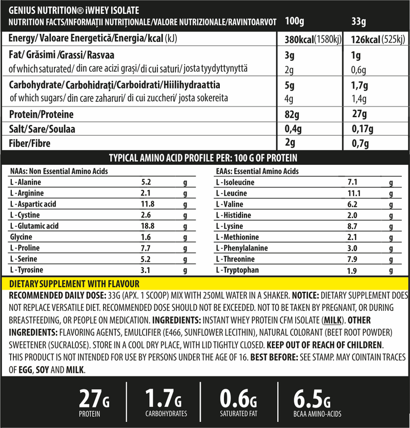 Incarca imaginea in galerie, iWHEY ISOLATE 900g 27serv Genius Nutrition - Supliment proteic din zer cu absortie rapida fara zahar adaugat pentru recuperare si cresterea masei musculare fara tesut adipos obinut prin filtrare naturala 
