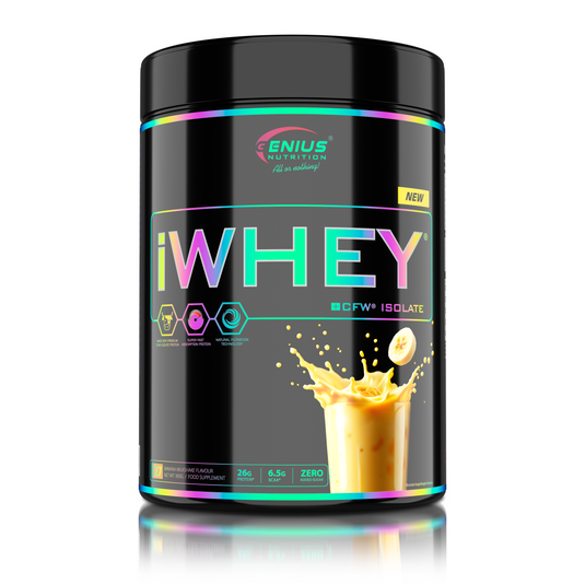 iWHEY ISOLATE 900g 27serv Genius Nutrition - Supliment proteic din zer cu absorbtie rapida fara zahar adaugat pentru recuperare si cresterea masei musculare fara tesut adipos obinut prin filtrare naturala cu aroma de milkshake cu banane.