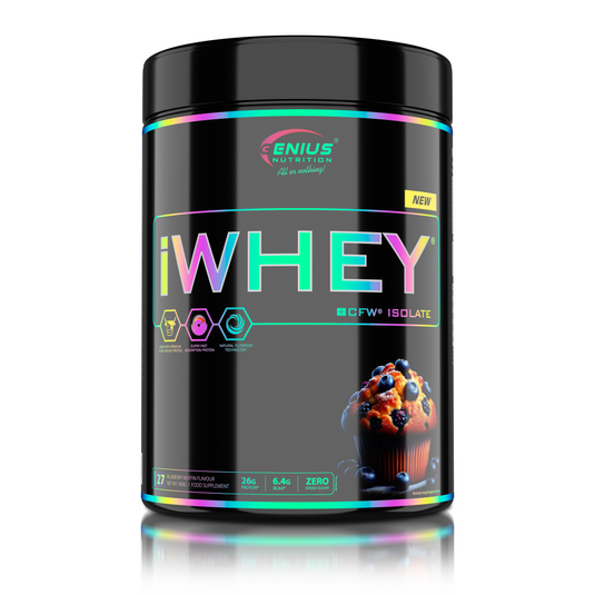 iWHEY ISOLATE 900g 27serv Genius Nutrition - Supliment proteic din zer cu absorbtie rapida fara zahar adaugat pentru recuperare si cresterea masei musculare fara tesut adipos obinut prin filtrare naturala cu aroma de blueberry muffin.