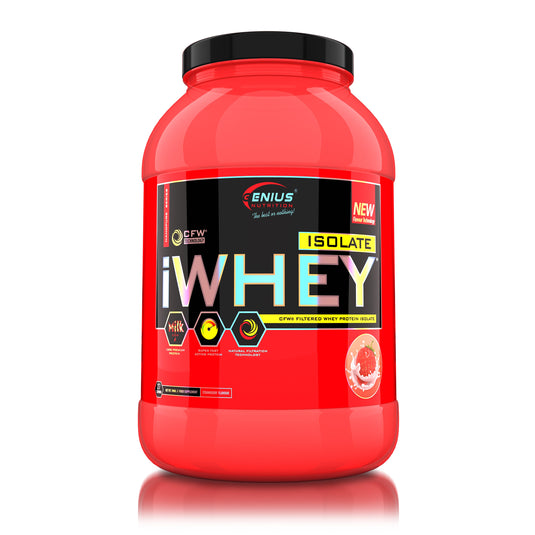 iWHEY ISOLATE 900g 27serv Genius Nutrition - Supliment proteic din zer cu absortie rapida fara zahar adaugat pentru recuperare si cresterea masei musculare fara tesut adipos obinut prin filtrare naturala cu aroma de strawberry